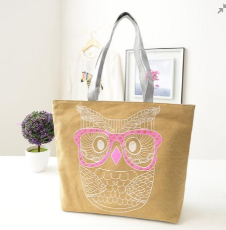 Canvas Shoulder Bag with Owl Printed Design