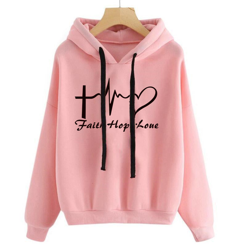 Heart Print Hoodie Sweatshirt Pullover Tops Women Long Sleeve Sports Clothes