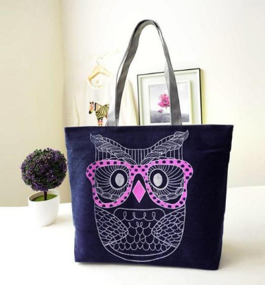 Canvas Shoulder Bag with Owl Printed Design